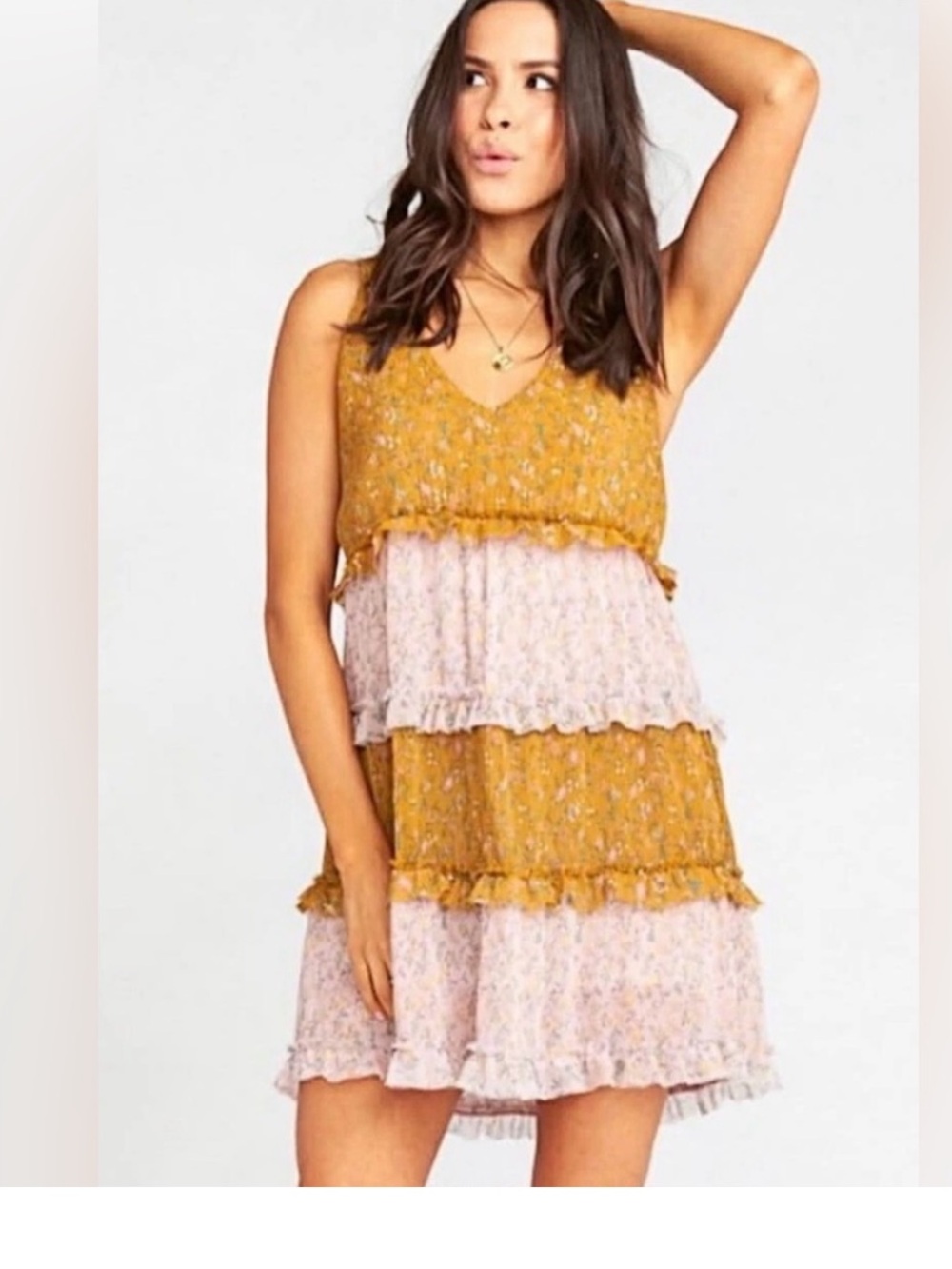 Show Me Your Mumu Itsy Ditsy Floral Pink and Mustard Ruffle Mini Dress, Size M